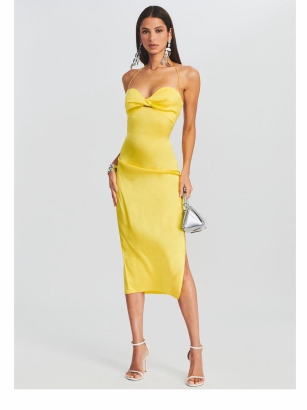 NWT SER.O.YA Claude Silk Midi Dress Yellow Twist Bust Slit